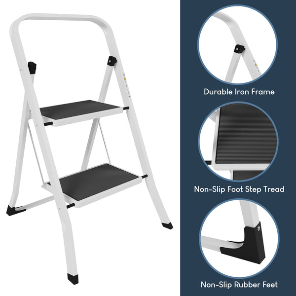 Home Vida 3 Step Ladder - Heavy Duty Steel Folding Ladder with Slip-Resistant and Wide Steps, Folding Mechanism, 150kg Max Load, Home/Kitchen/DIY/Garden Use, White