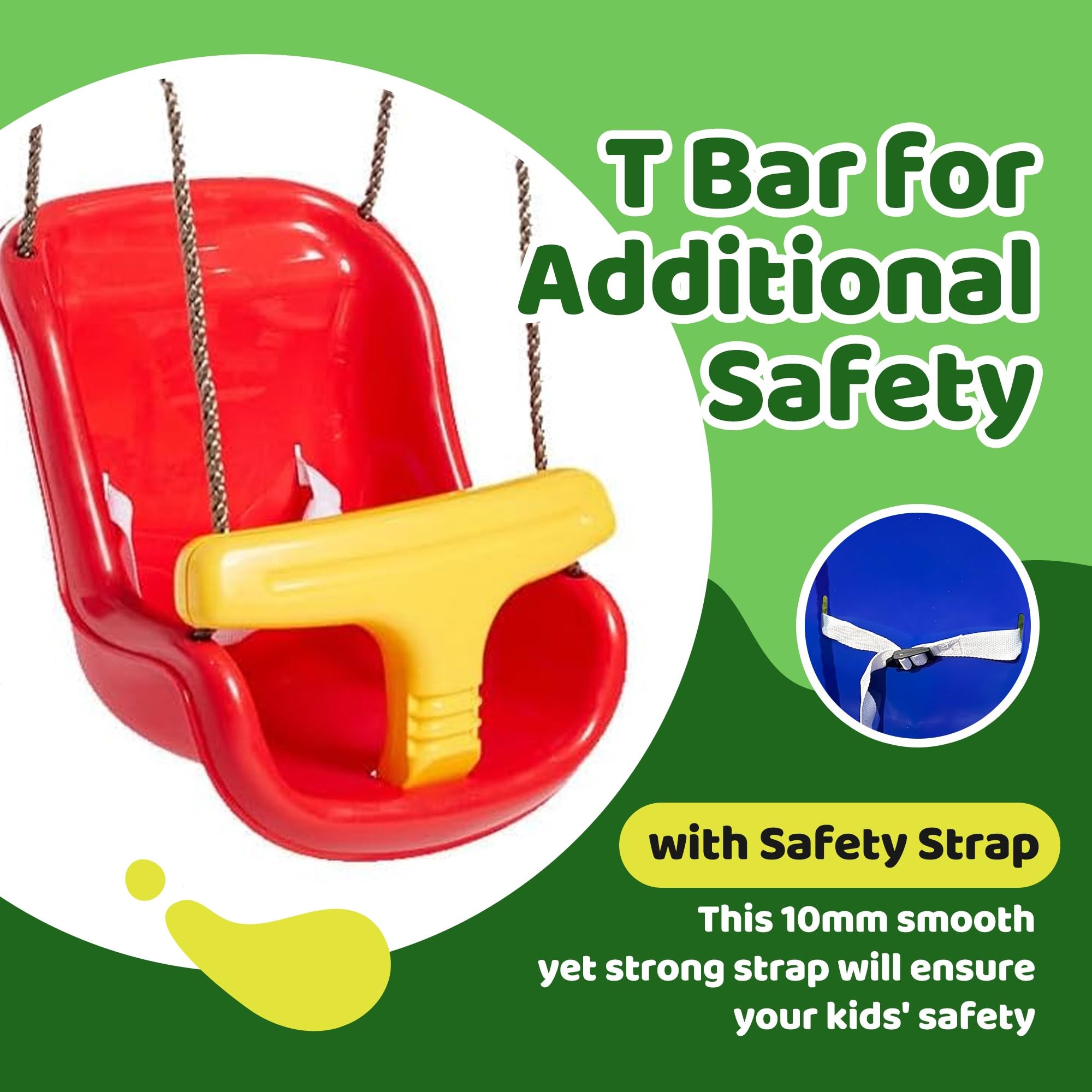 Children Deluxe High Back Baby Toddler swing seat perfect for Garden swings and Climbing Frames (Green with Yellow T-Bar)