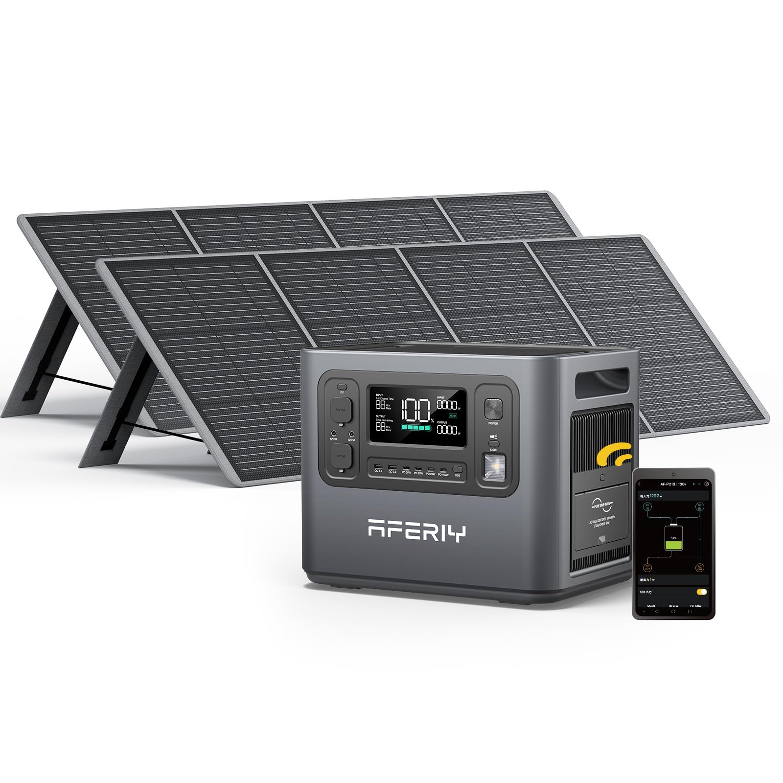 AFERIY Portable Power Station 2400W, 2048Wh Solar Power Station Control Via App, 13 Output Ports, 4 Input Ways, 3x 230V AC Outlets, LiFePO4 Battery, Solar Generator for Travel/Camping/Home Backup
