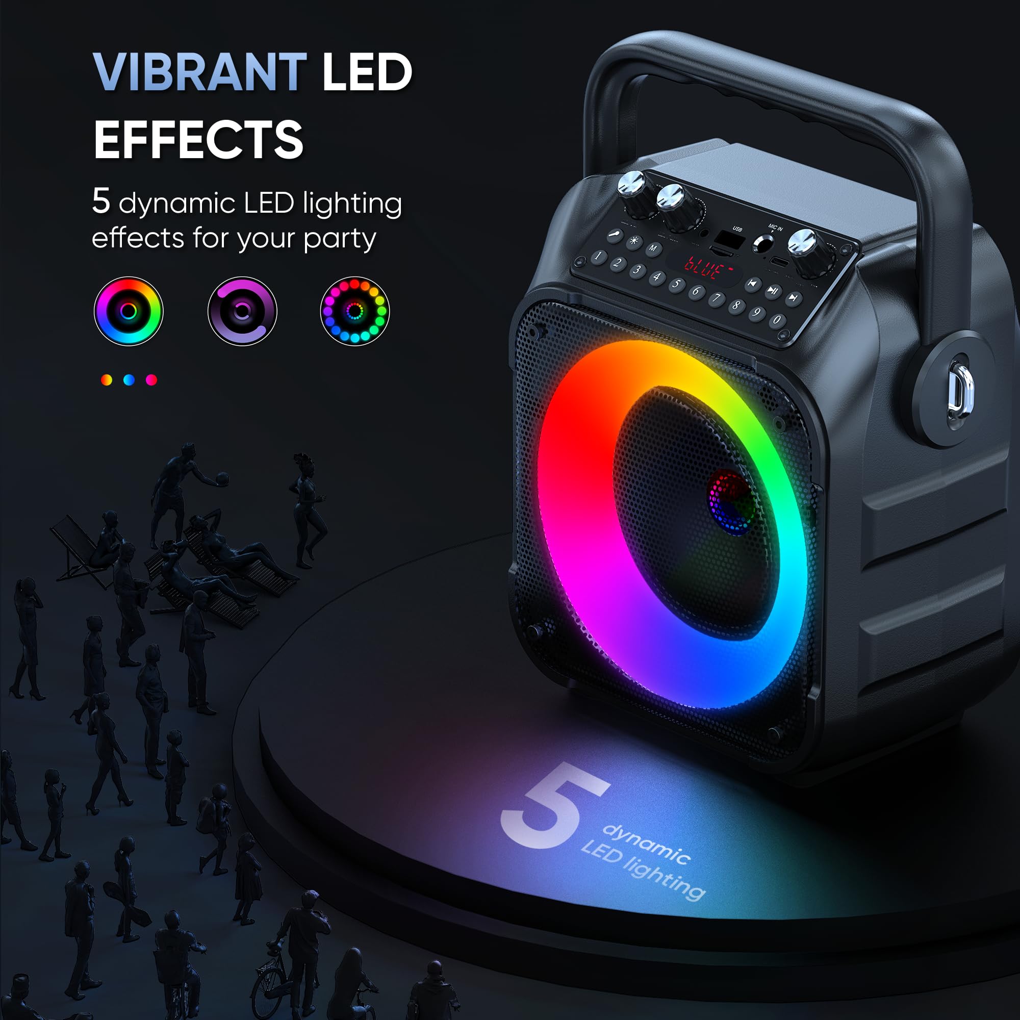 Karaoke Machine with Two Wireless Microphones, Portable Karaoke Machine for Adults & Kids, Portable Bluetooth Speaker with PA System, LED Lights, Supports TF Card/USB, AUX in, FM, USB,TWS (Black)