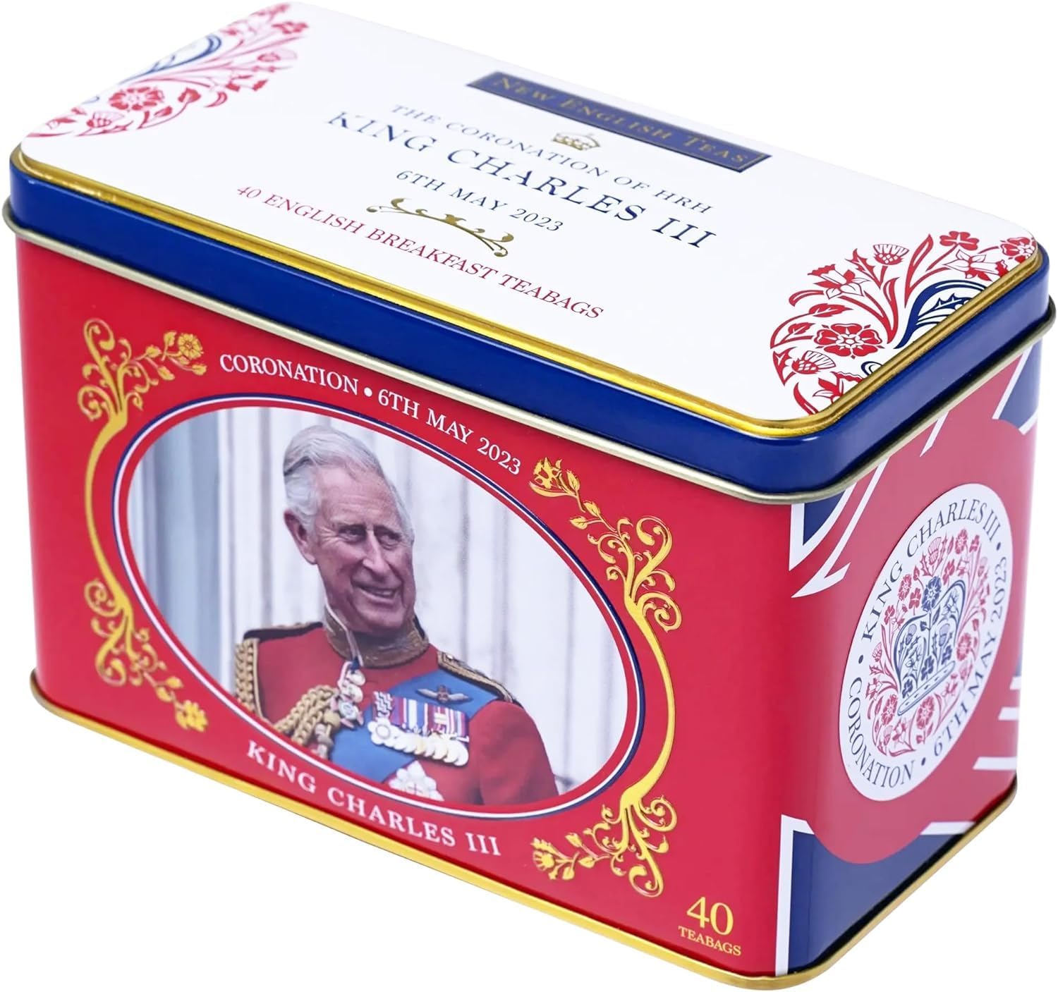 New English Teas The Coronation of HRH King Charles III Tea Tin with 40 English Breakfast Teabags