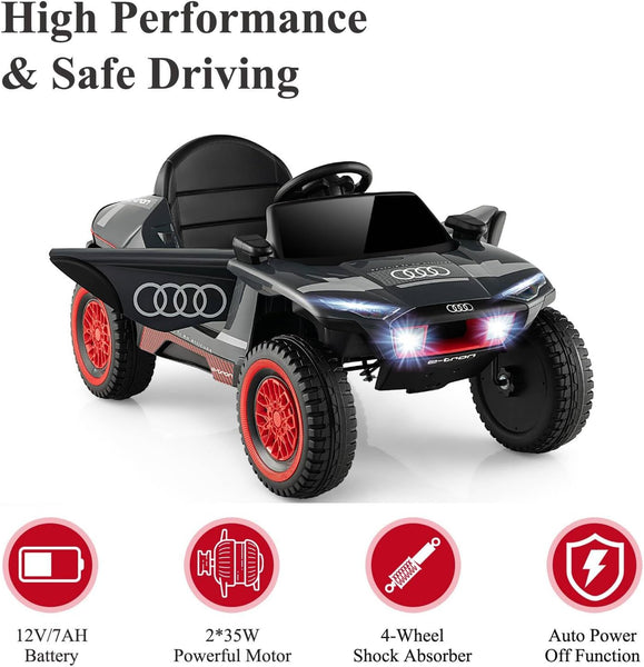 Kids Electric Car, 12V Battery Powered Toy Car with Remote Control, Music, Horn, Head lights, USB/FM, 4 Suspension Springs, Children Ride on E-tron Racing Car for 3+ Years Old
