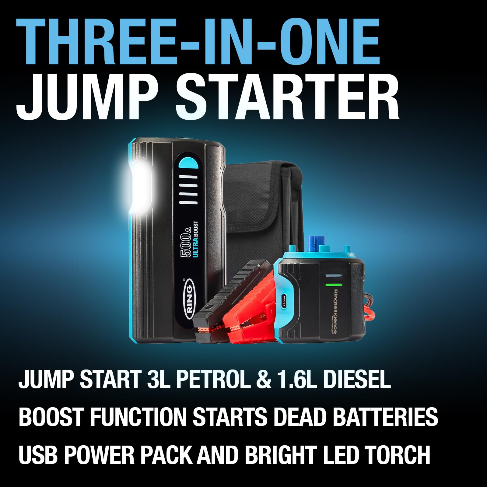 RING ULTRABOOST 1500A Car Battery Jump Starter Power Pack - Safely Starts Up to 6 Litre Petrol and 3 Litre Diesel Engines - Battery Booster with Jump Leads, Portable USB Powerbank and LED Torch