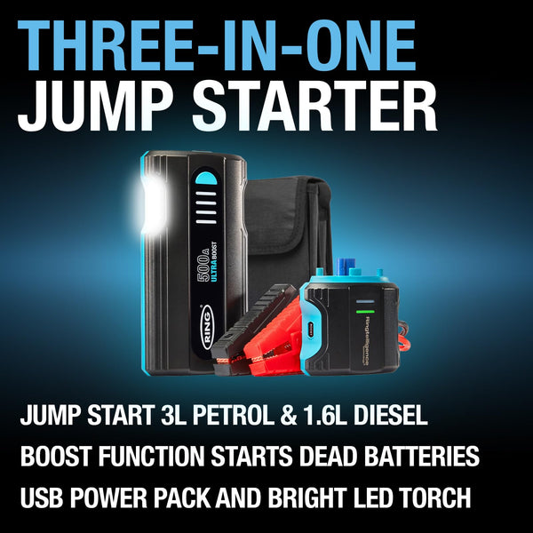 RING ULTRABOOST 1500A Car Battery Jump Starter Power Pack - Safely Starts Up to 6 Litre Petrol and 3 Litre Diesel Engines - Battery Booster with Jump Leads, Portable USB Powerbank and LED Torch