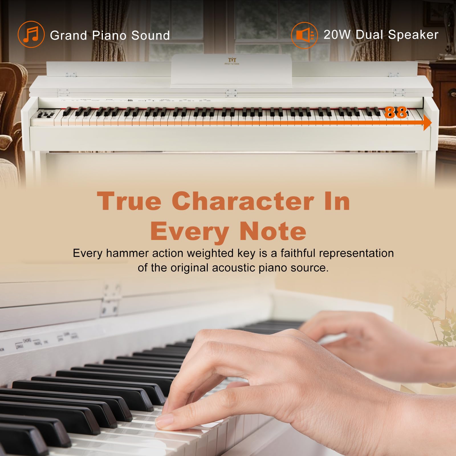 MUSTAR Digital Piano 88 Weighted Keys, Full Size 88 Key Piano Keyboard Semi Weighted, Home Electric Piano with Furniture Stand and Triple Pedal, Music Stand, USB MIDI, White