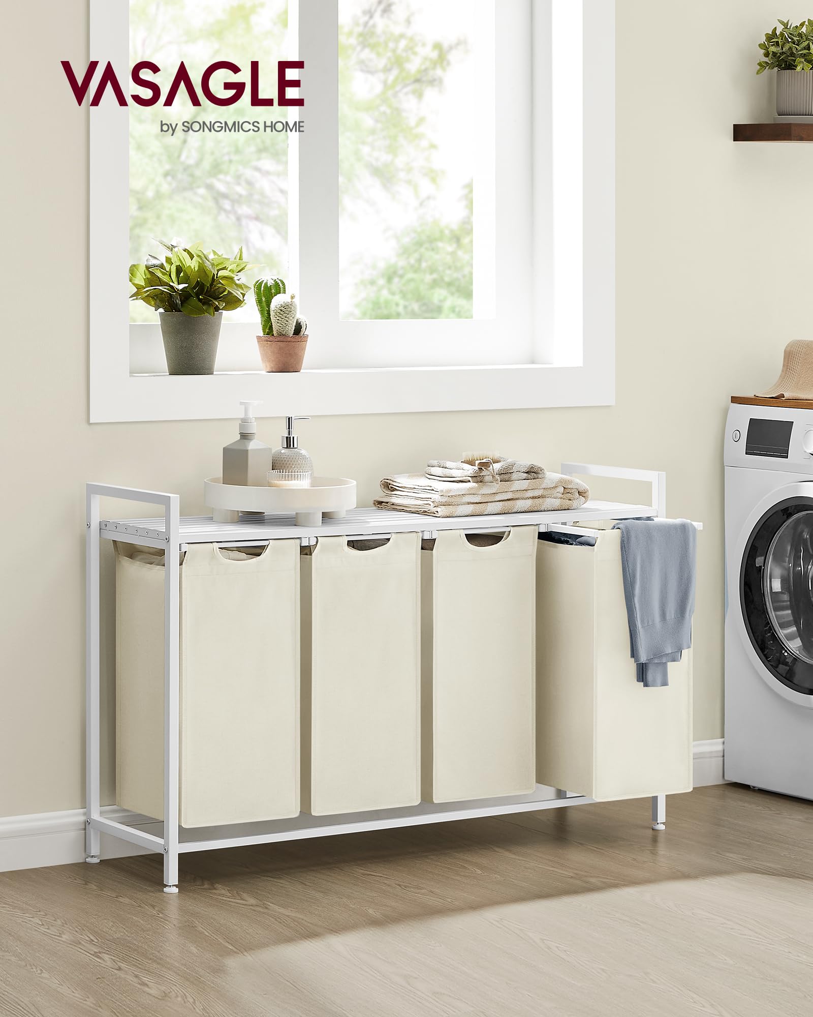 VASAGLE Laundry Basket, Laundry Hamper, Pull-Out and Removable Liner Bag, Shelf, Metal Frame, 65 L, 50 x 33 x 72 cm, Ink Black and Rustic Brown BLH101B01