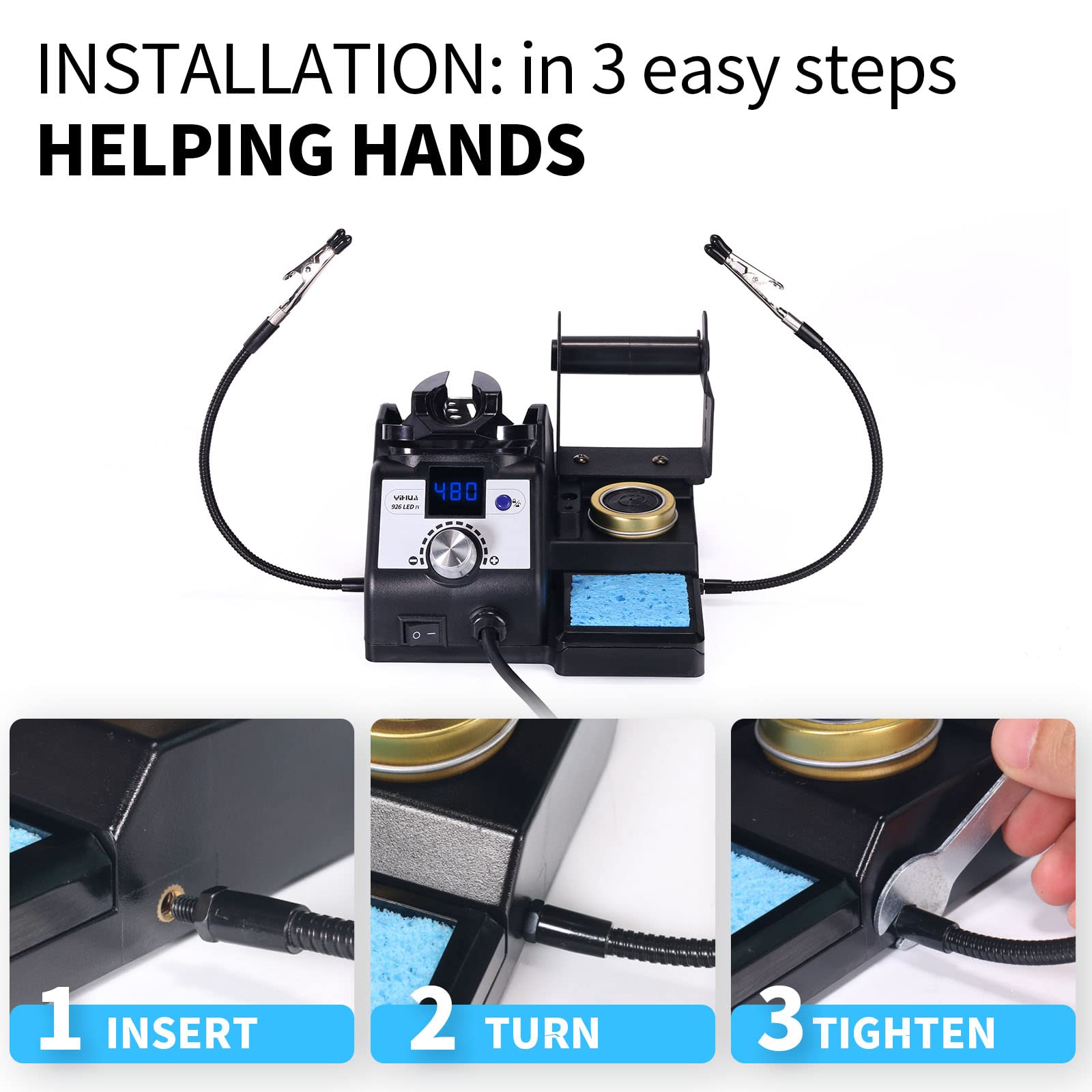YIHUA 926LED IV 60W Digital Soldering Iron Station Kit w Temperature Stabilization for Soldering & Desoldering w Helping Hands 5 Soldering Iron Tips Lead-Free Solder Solder Sucker UK Plug (Silver)