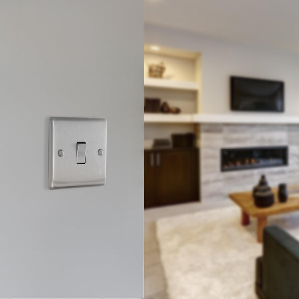 BG Electrical Cooker Switch with Socket and LED, Cooker Control Unit, Control Socket, Double Pole, Raised Profile, Round Edges, Nexus Metal, Brushed Steel, Grey Inserts, 45A, NBS70G