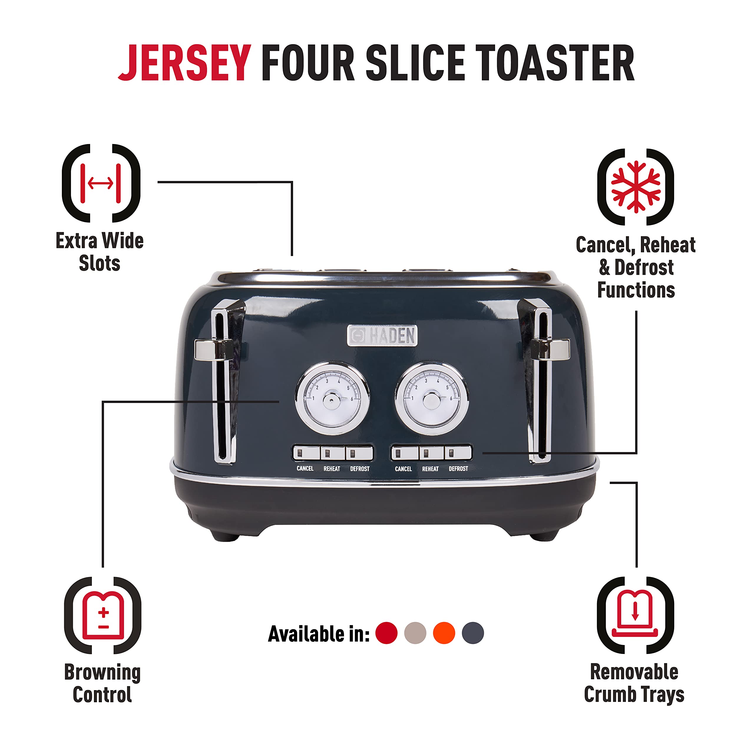 Haden Jersey Steel Blue Toaster 4 Slice  Dual Control With Adjustable Browning Controls - Self Centring Function - Reheat And Defrost Functions