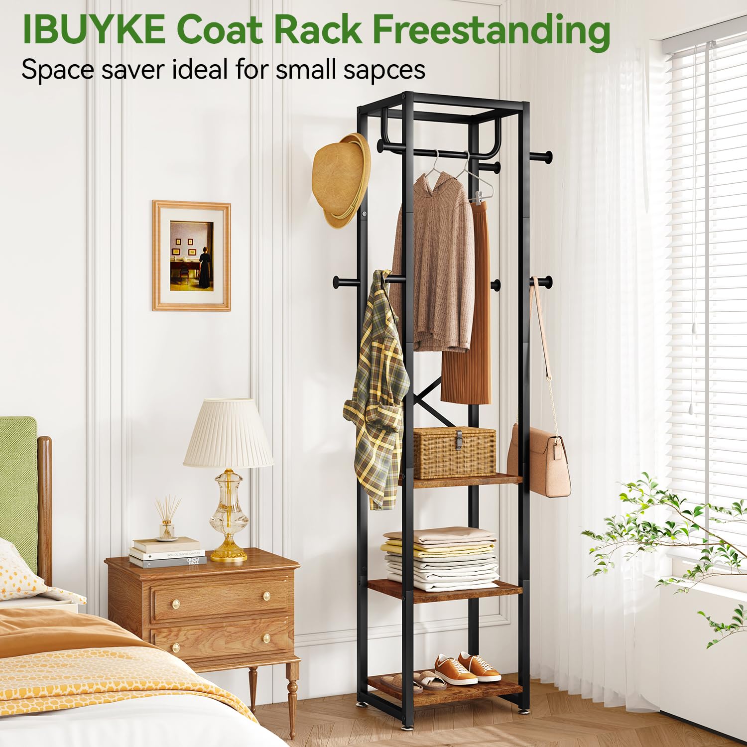 IBUYKE Coat Rack, Freestanding Coat Stand with 3 Shelves and 8 Hooks, Industrial Clothes Stand for Entryway, Hallway, Bedroom, 180 x 40 x 30 cm,
