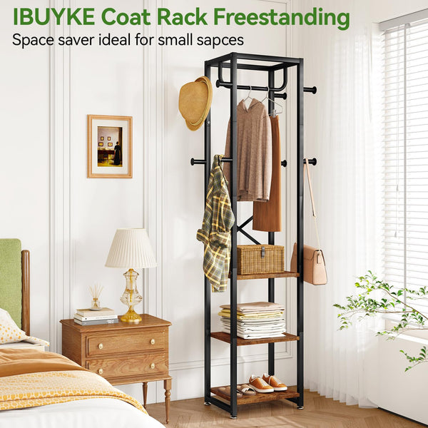 IBUYKE Coat Rack, Freestanding Coat Stand with 3 Shelves and 8 Hooks, Industrial Clothes Stand for Entryway, Hallway, Bedroom, 180 x 40 x 30 cm,