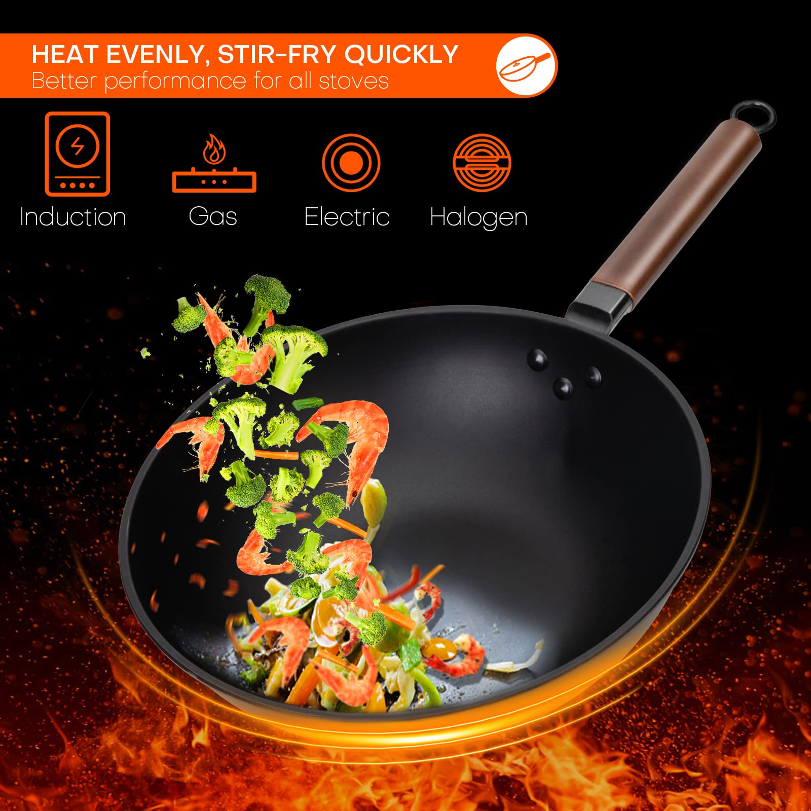 Jobin 33cm/5.6L Non Stick Wok with Lid of Iron Carbon Steel Frying Pan No Chemical Coated and Large Capacity for Cook Asian Dishes for 4-6 People,