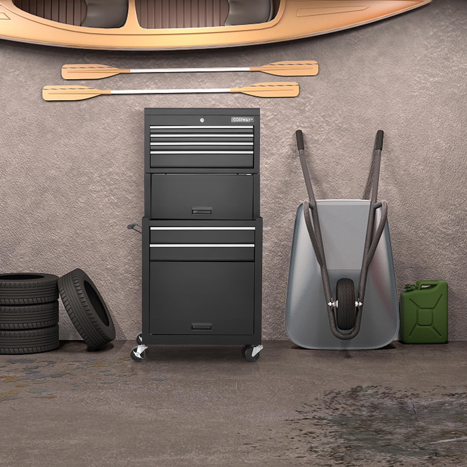 COSTWAY Large Rolling Tool Cabinet, 2-in-1 Detachable Metal Tool Chest with Drawers, Wheel, Handle, Hooks & Pegboard, Lockable Tool Box Trolley for Garage Workshop (with Middle Compartment, Black)