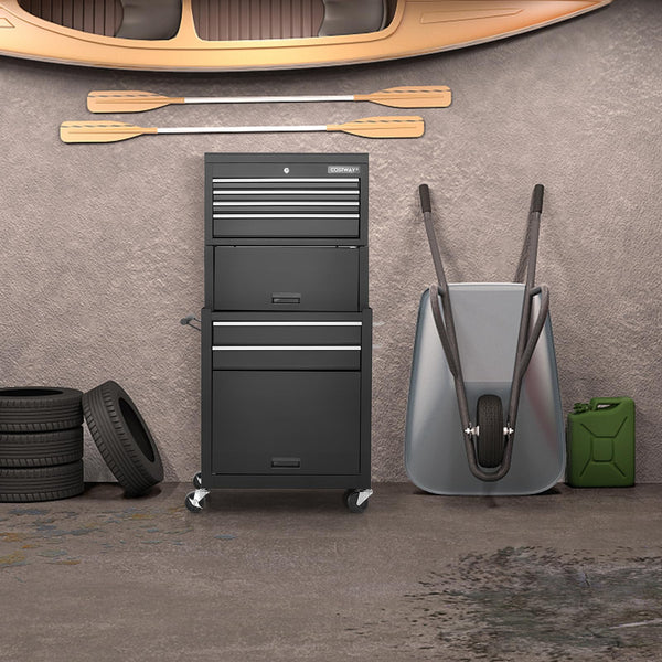 COSTWAY Large Rolling Tool Cabinet, 2-in-1 Detachable Metal Tool Chest with Drawers, Wheel, Handle, Hooks & Pegboard, Lockable Tool Box Trolley for Garage Workshop (with Middle Compartment, Black)