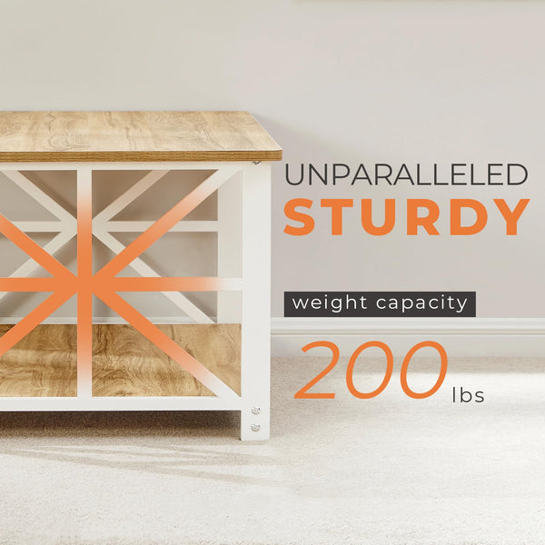 GreenForest Coffee Table with 2-Tier Storage,100 cm Living Room Table with Round Corner, Center Table with X-Frame Design for Home Office,Oak