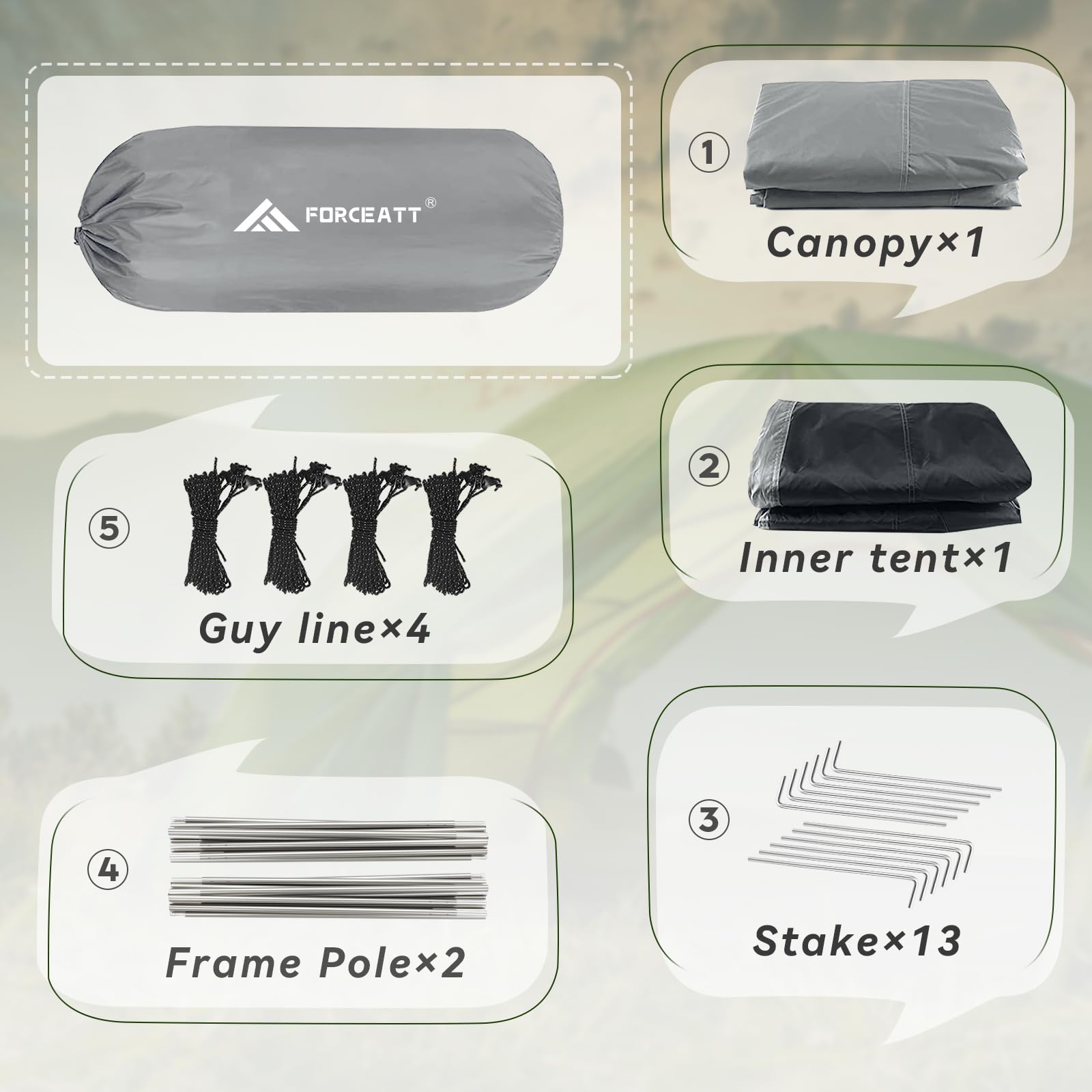 Forceatt Tent, 2-4 Man Tent for Camping, Easy Setup Lightweight Two Doors PU3000mm Waterproof Dome Tent, Windproof Instant Outdoor Tent Suitable for Traveling, Beach, Camping, Hiking, Mountaineering