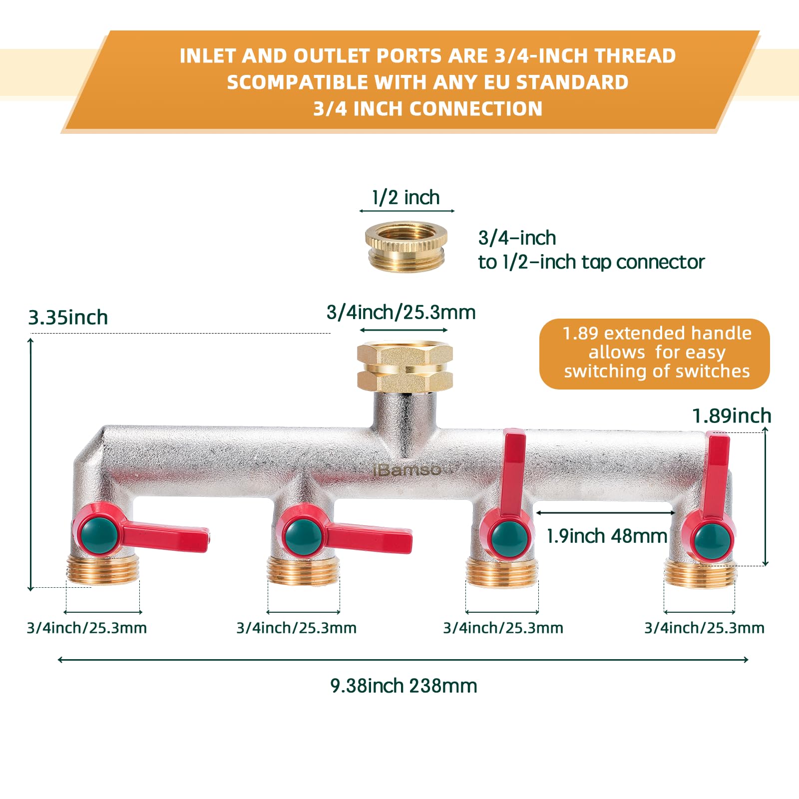 iBamso 4 Way Brass Hose Splitter, 3/4 Inch Tap Adapter Hose Pipe Tap Splitter Connection with 4 Individual Valves and Extended Handle for Outdoor