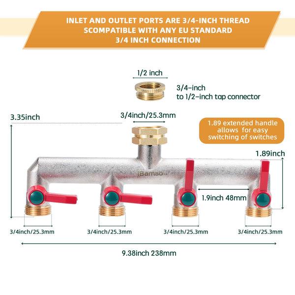 iBamso 4 Way Brass Hose Splitter, 3/4 Inch Tap Adapter Hose Pipe Tap Splitter Connection with 4 Individual Valves and Extended Handle for Outdoor