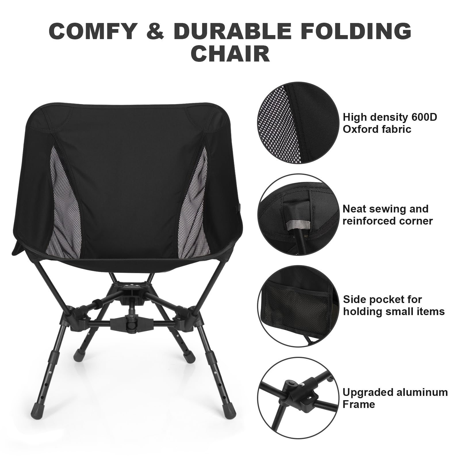 Portable Folding Camping Chair: Lightweight Height Adjustable Camping Chairs Stable Supports 330 Lbs with Side Pockets for Outdoor Camp, Travel, Beach, Lawn (Black)
