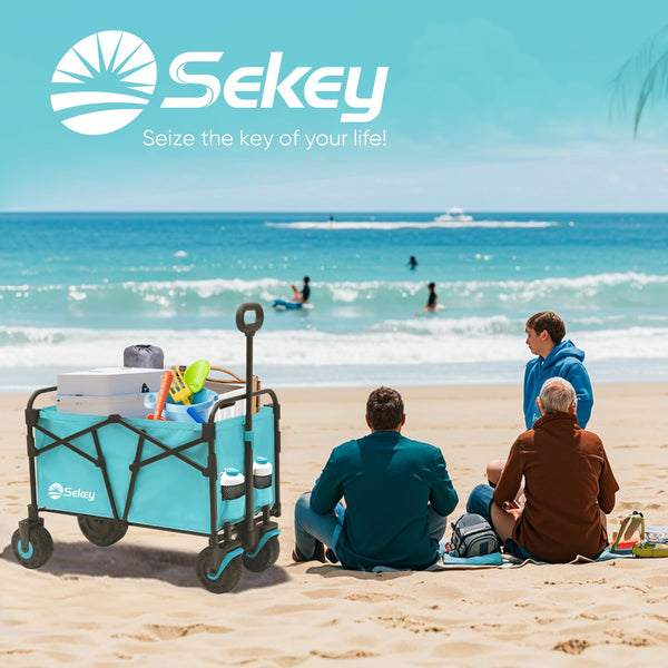 Sekey 332L Folding Festival Trolley with Expandable Tailgate, Patented Design Beach Cart - Diamond Collapsible, Wide All-Terrain Wheels, Brake, 350LB Load Capacity Heavy Duty Wagon for Camping, Black