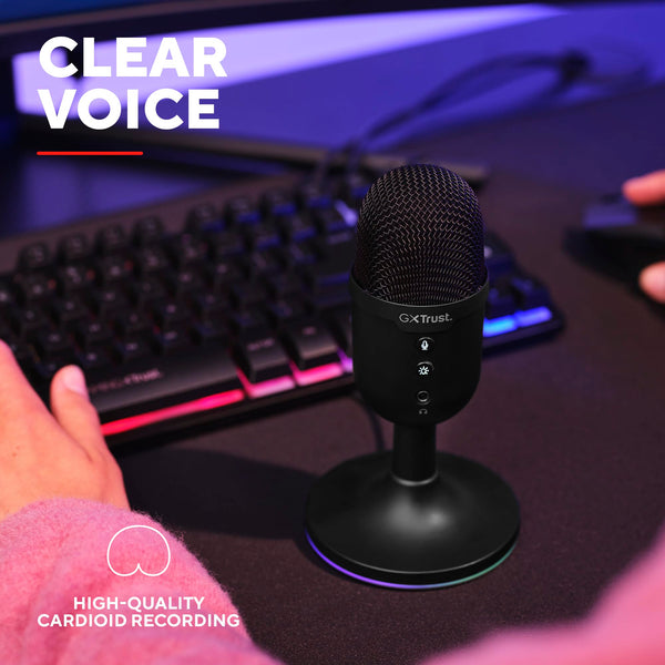 Trust Gaming GXT 236 Yami USB Condenser Streaming Microphone for Podcast, Twitch, Discord, ASMR, Youtube, Playstation 5, Gaming Mic with Cardioid Recording Pattern, Mute Button, RGB Light - Black
