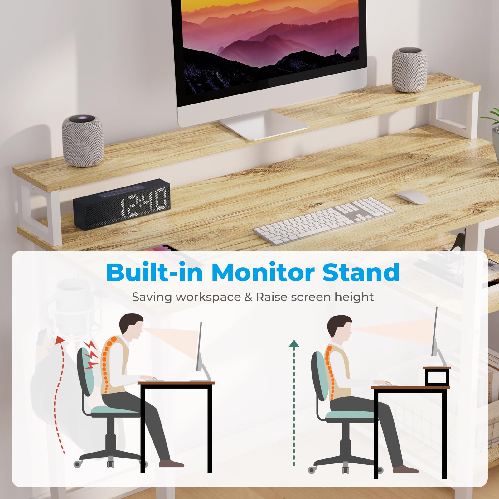 GreenForest Office Desk with Full Monitor Stand,100 cm Home Computer Desk with Reversible Storage Shelves,Small Study Desk with Headphone Hook and Cup