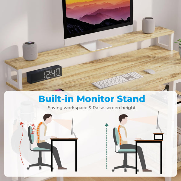 GreenForest Office Desk with Full Monitor Stand,100 cm Home Computer Desk with Reversible Storage Shelves,Small Study Desk with Headphone Hook and Cup