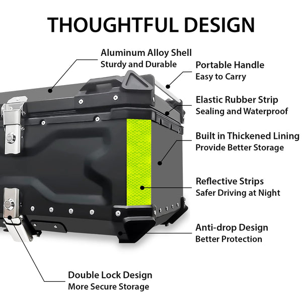 VOKKA Motorcycle Top Box, 65L Aluminium Alloy Waterproof Dustproof and Anti-Theft, Luggage Box for Storage Helmet, Motorbike Top Case with Backrest and Baseplate (Silver)