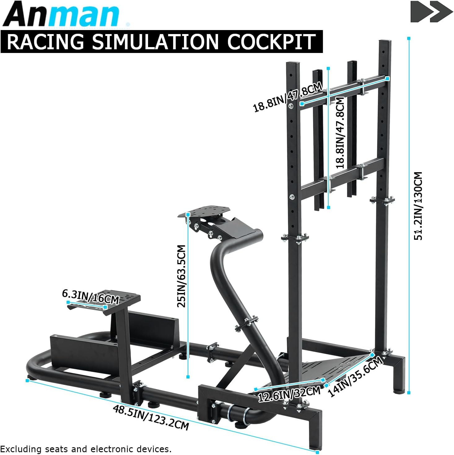 Anman Adjustable Racing Simulator Cockpit(50MM Round Tube) with Monitor Stand Fit for Logitech G25 G27 G29 G920 G923 Thrustmaster T300 Fanatec Gaming Mount Without Wheel Handbrake Pedals and Seat