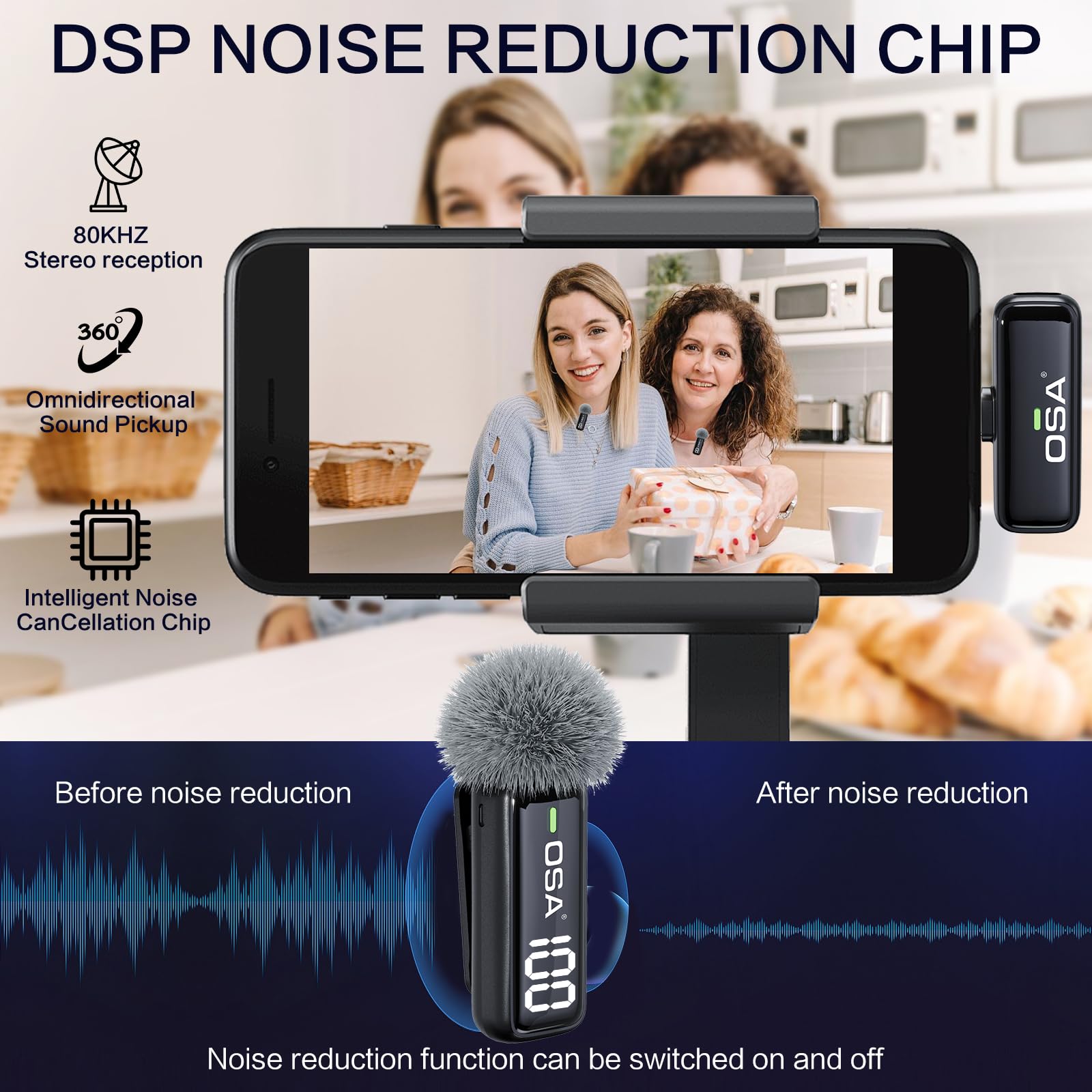 OSA Wireless Microphone for iPhone iPad with Smart Charge Case and Digital Display, 40H Clip on Wireless Lavalier Microphone with Noise Reduction for Video Recording, Plug & Play (2 Mic, 2 Recive)