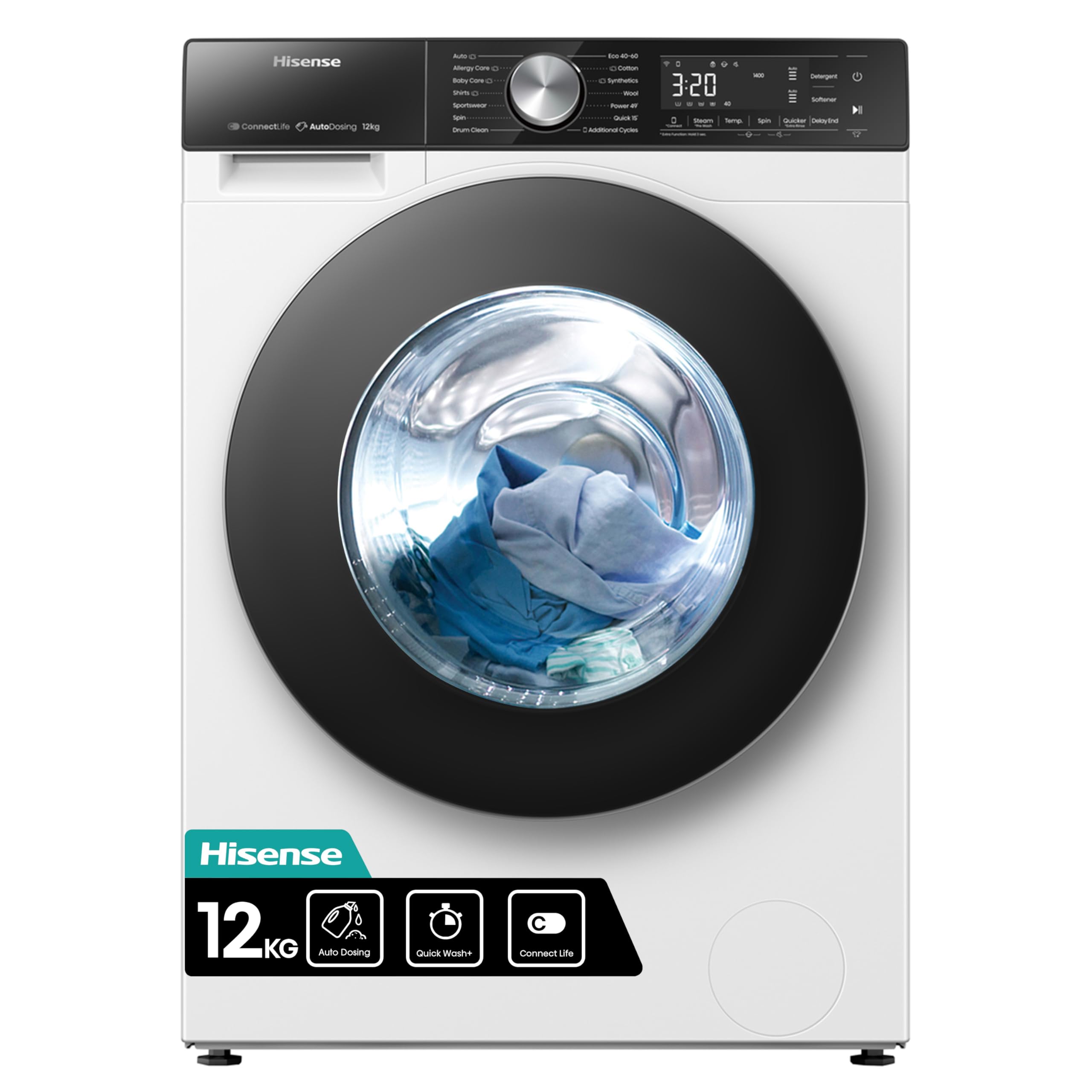 Hisense 3 Series WFQA9014EVJM Freestanding 9 KG Front Load Washing Durable Inverter Machine Steam Wash Quick Wash 15 Washing Programs 1400 RPM White- Energy Rating A