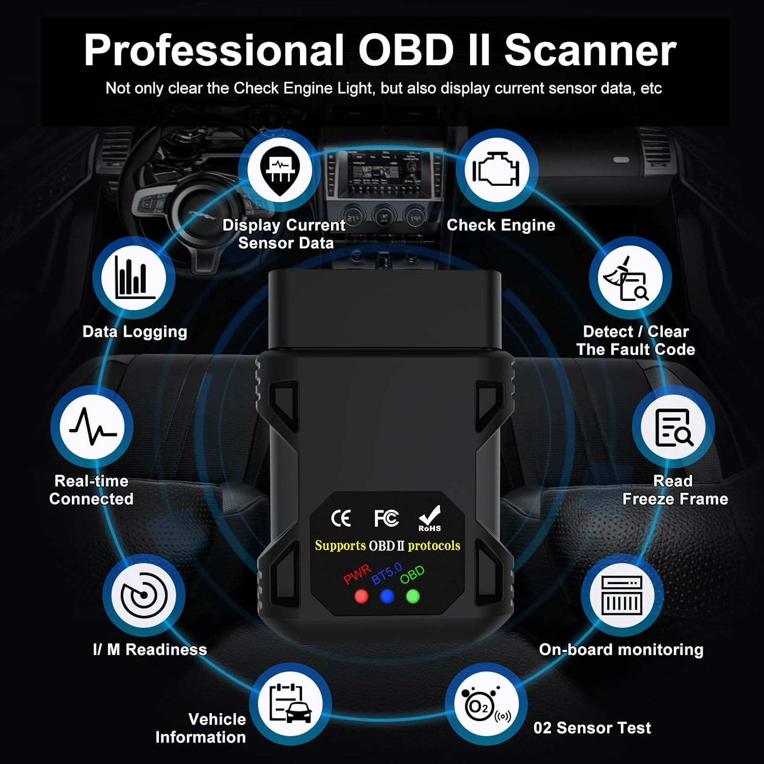 OBD2 Bluetooth 5.0 Code Reader for iPhone iOS Android Windows Car Auto ODB2 Scanner Adapter OBD II Diagnostic Scan Tool for Check Engine Lights