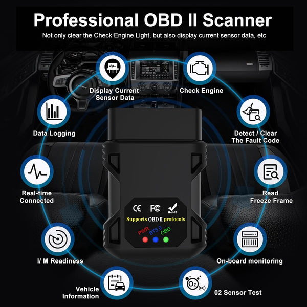 OBD2 Bluetooth 5.0 Code Reader for iPhone iOS Android Windows Car Auto ODB2 Scanner Adapter OBD II Diagnostic Scan Tool for Check Engine Lights