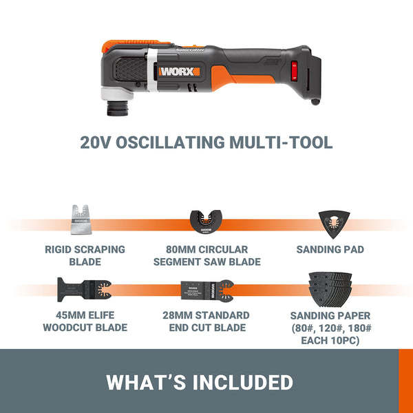 WORX WX696.9 Sonicrafter Cordless Oscillating Multi-Tool, Power Share, Variable Speed with Accessories, 18V (20V Max)