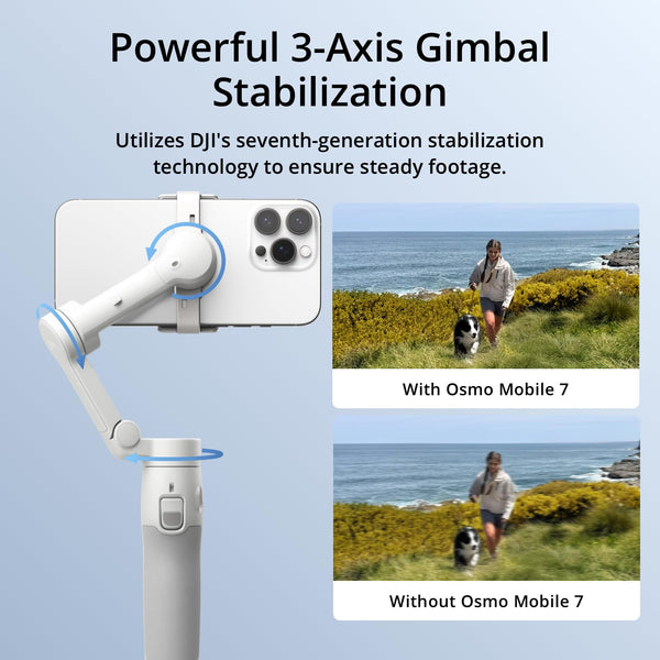 DJI Osmo Mobile 7 Gimbal Stabilizer for iPhone, Android, Built-in Tripod, Ultra-Light, Comfortable Grip, 3-Axis Phone Gimbal, ActiveTrack 7.0, ShotGuides, One-Tap Edit, 10hrs Use, Phone Charging
