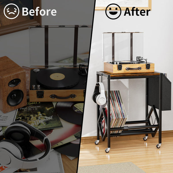 EKNITEY Vinyl Record Player Stand - Record Player Table with Storage Hold 80 Albums Turntable Stand with Organizer Pocket and Wheels