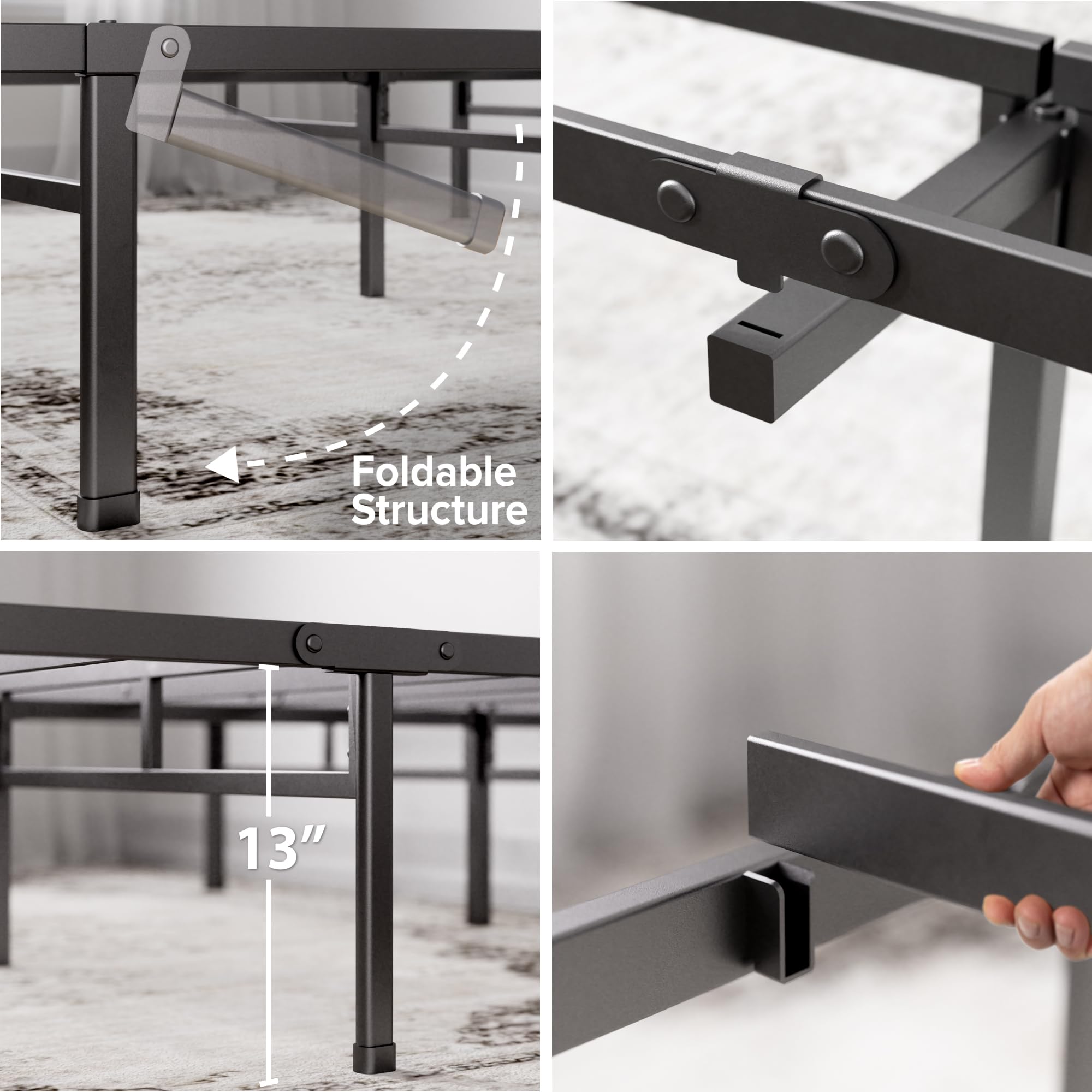 ZINUS Justin Double Bed frame - Bed 135x190 cm - 36cm Height - Metal bed frame with Underbed storage and steel slat support - Black