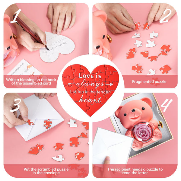 Ariceleo Pink Teddy Bear with Preserved Rose, Real Rose Flower in Bear, Elegant Gift Box, Heart-Shaped Necklace, Unique Gift for Valentine's Day,