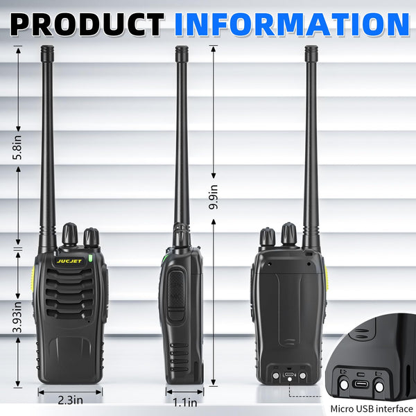 JUCJET Walkie Talkies 2023 Upgraded 88E Walkie Talkie Long Range for Adults with Earpieces, 16 Channel Handheld 2 Way Radio Rechargeable with Flashlight Li-ion Battery and Charger(4 Pack)