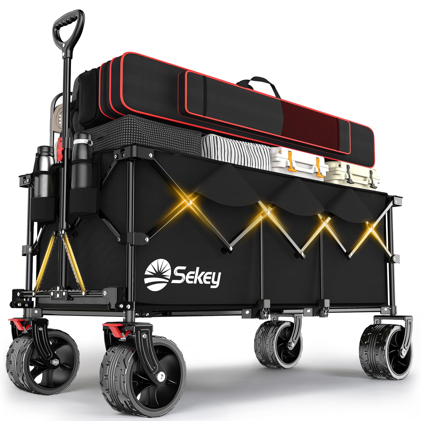 Sekey 200L Folding Festival Trolley with All-Terrain Extra Wide Wheels and Brake, Heavy-Duty Cart Loadable up to 150KG, Patented Four-Directional Foldable Design, Wagon for Beach Camping Outdoor, Grey