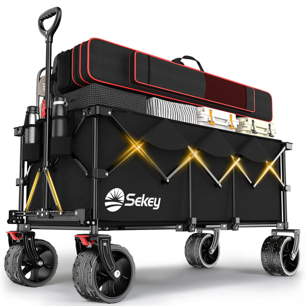 Sekey 200L Folding Festival Trolley with All-Terrain Extra Wide Wheels and Brake, Heavy-Duty Cart Loadable up to 150KG, Patented Four-Directional Foldable Design, Wagon for Beach Camping Outdoor, Grey