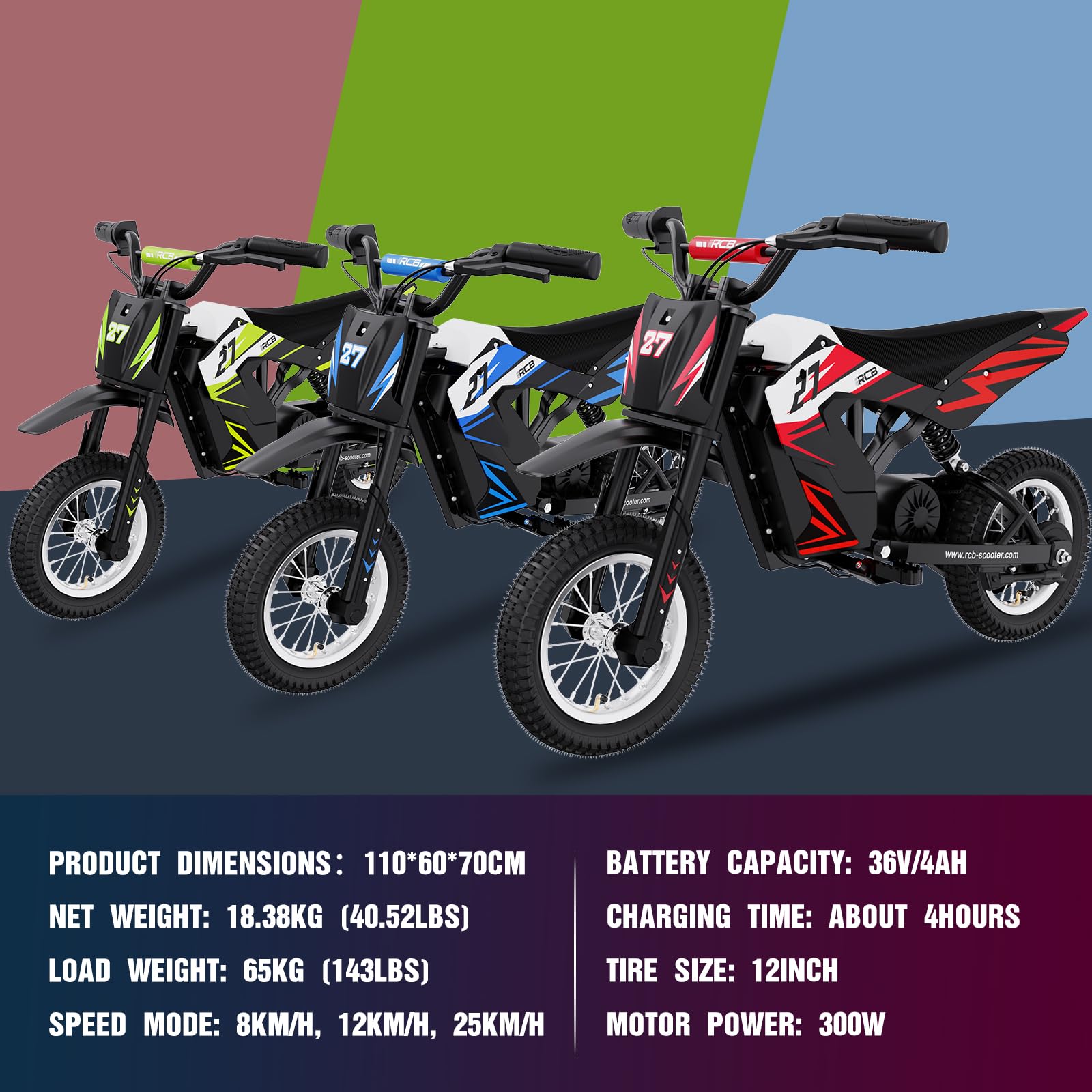 RCB R9X Electric Motorcycle Kids, 12 inch Pneumatic Tires, Ride On Electric Motorcycle with Powerful Motor, 3 Speed Modes 8/12/25KMH, Range 15KM, Moto Crossbike Kids from 3-12years