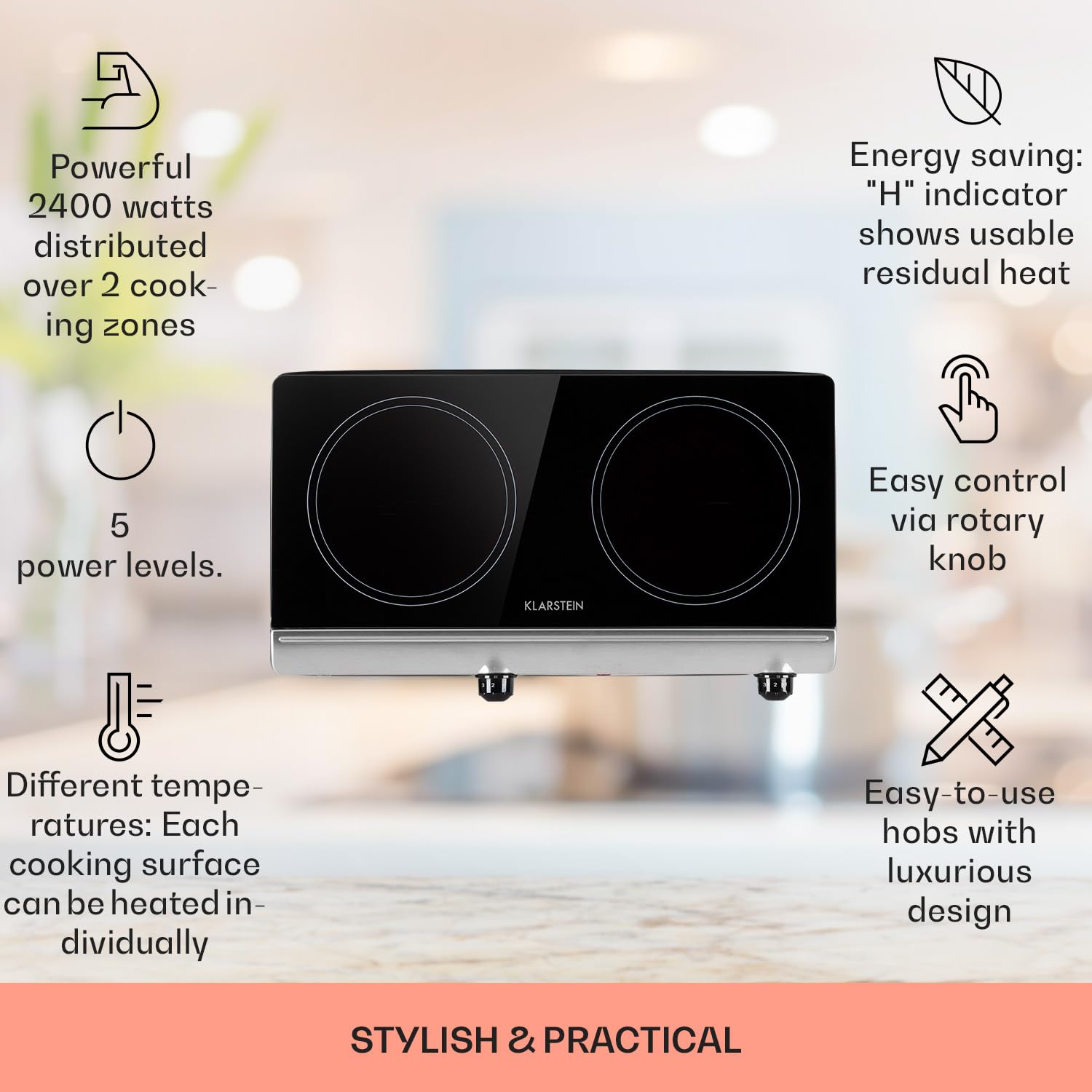 Klarstein Ceramic Hob, 2400W Electric Hob Ceramic Cooker, 2 Ring Electric Pan Hob, Built-In Table Top Cookers w/ 2 Hobs, Stainless Steel Ceramic Heater Cooktops, Electric Hot Plates for Cooking