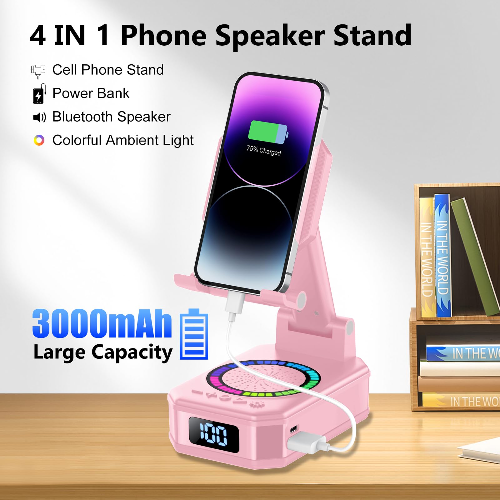 Gifts for Men Women, Phone Stand with Bluetooth Speaker, Anti-Slip Base, 4-in-1 Design with RGB, Foldable Phone Charger Stand with Wireless Speaker, Ideal for Dad Mom, Tech Gadget Stocking Fillers