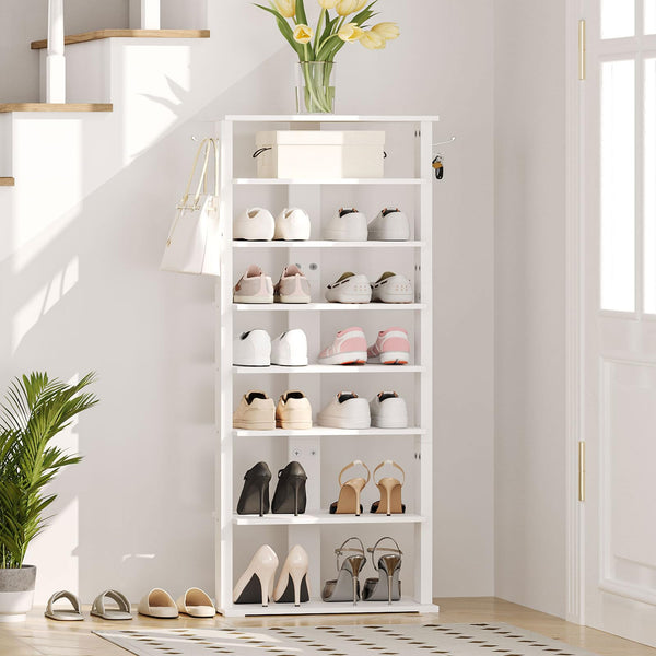 HOOBRO Shoe Rack Wooden, White Shoe Rack, Narrow Shoe Storage Organizer with 2 Hooks, Slim Shoe Shelf, Vertical Shoe Tower for Entrance, Living Room,