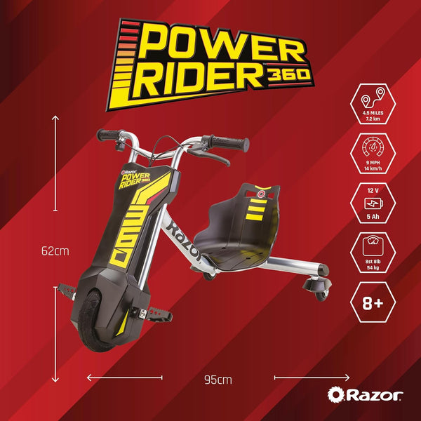 Razor PowerRider 360 – Electric Tricycle, Up to 9 mph, Welded Steel Fork, 12V Powered Ride-On for Ages 8 and Up