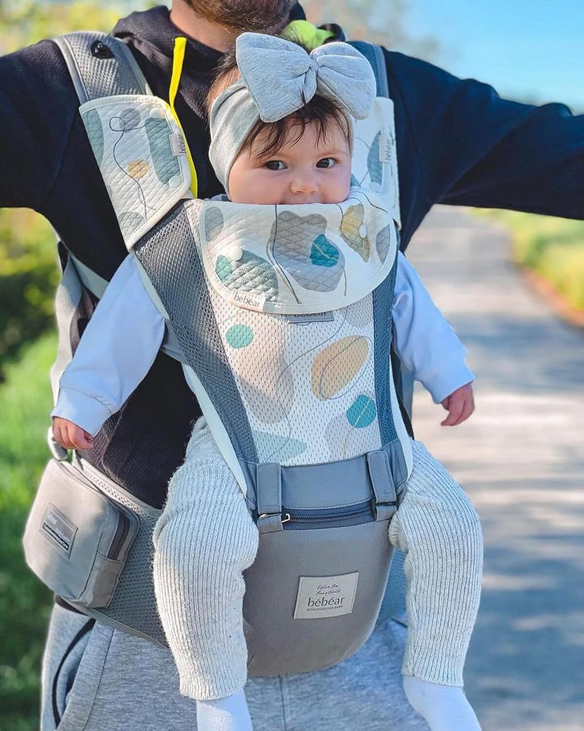 Bebamour Baby Carrier Newborn to Toddler Baby Carrier Hipseat 0-36Months with Head Hood, 3 PCS Teething Pads, Waist Extender, Grey