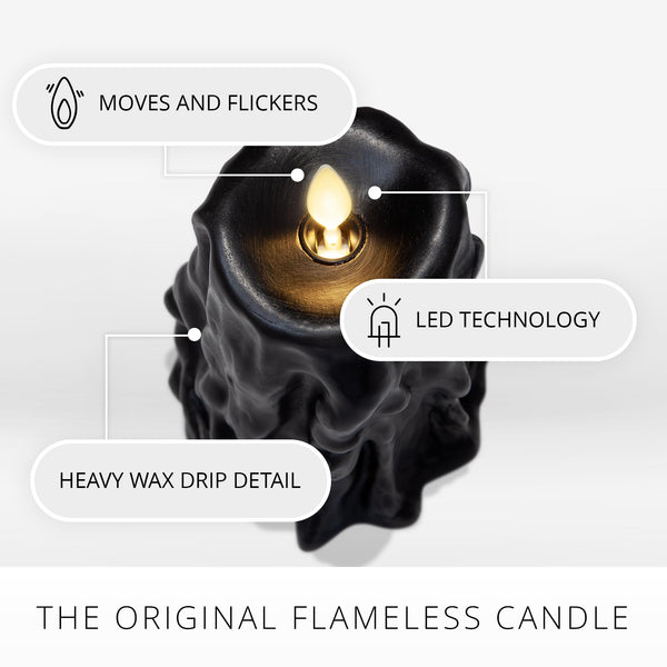 Luminara Black Heavy Wax Drip Flameless LED Pillar Candle, Real Wax, Timer Function, 3.4 x 4.5 inch