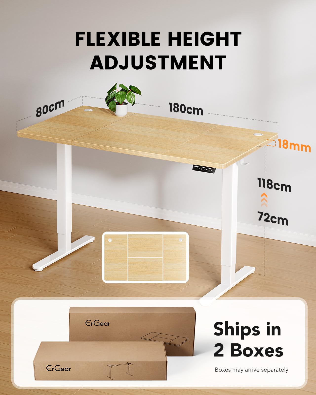 ErGear Electric Standing Desk-160 x 80 cm-100kg Load Capacity Height Adjustable Desk with Advanced Brushless Motor, Quiet Operation, Sturdy Metal Frame,Four-part Tabletop
