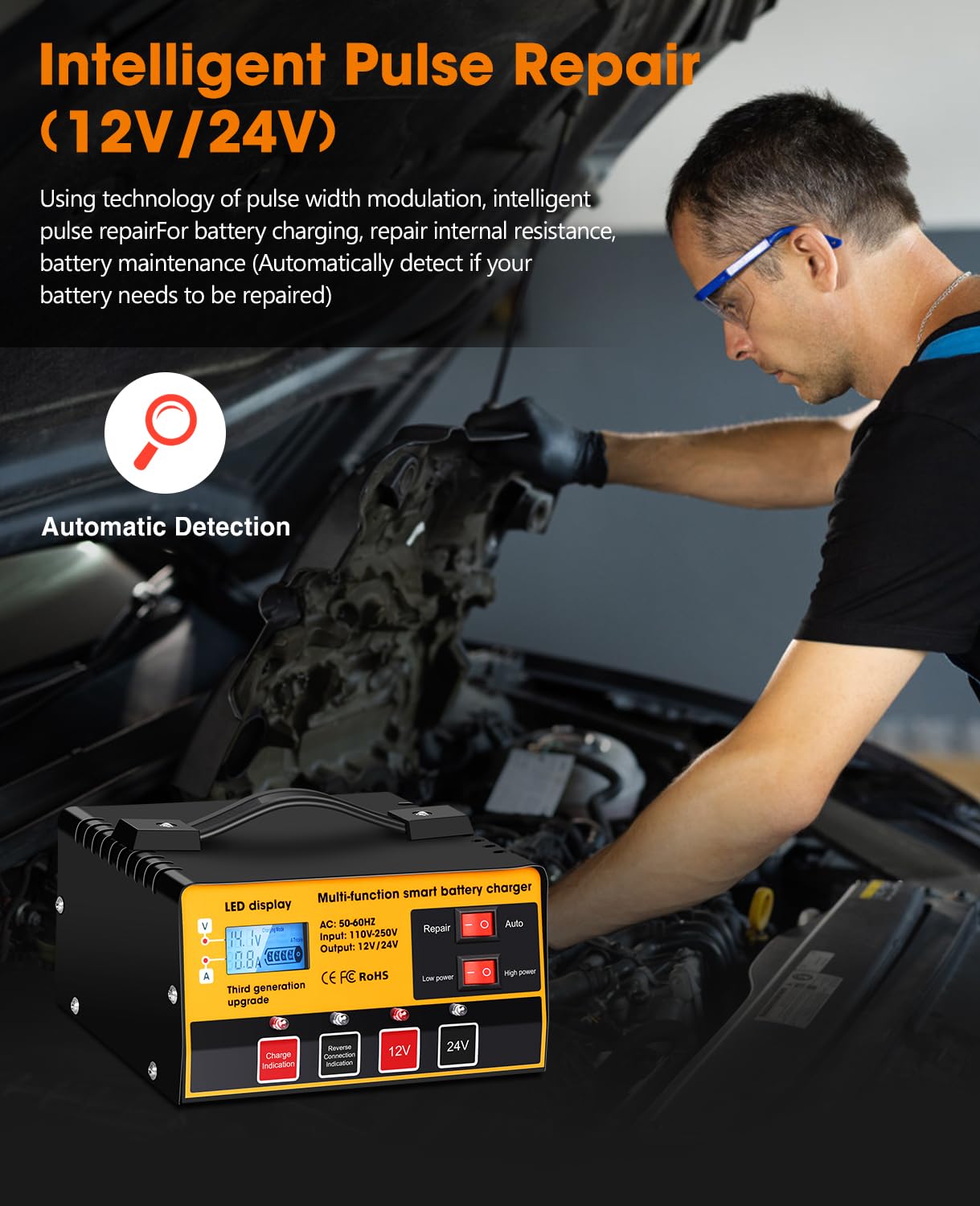 Outerman Car Battery Charger,12V-12A/24V-8.5AMP Smart Automatic Battery Charger,High/Low Power Trickle Charger Battery Maintainer,for Car Motorcycle Lawn Mower Marine